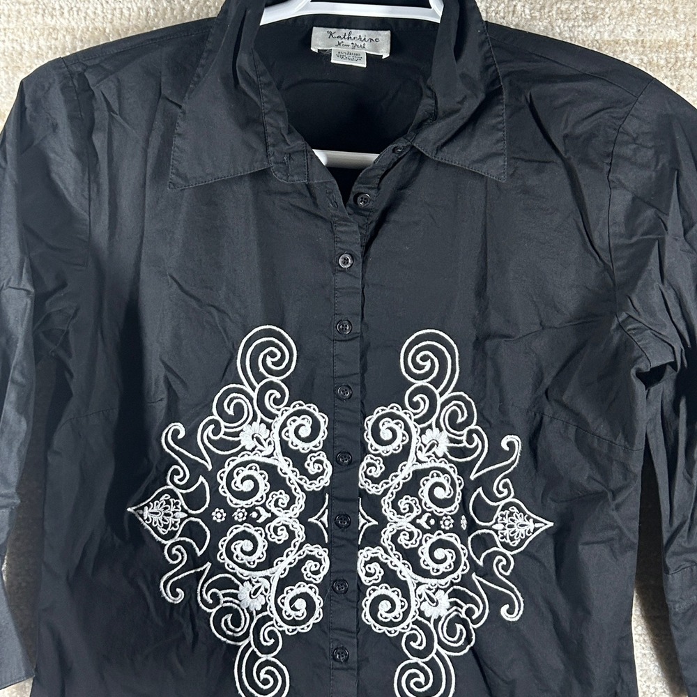 Katherine New York Button Down Shirt Boho Embroidered Scroll Black Womens Large